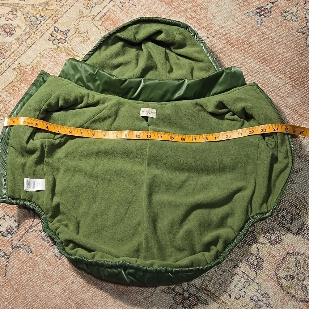 Rachel Zoe Shiny Green Fleece Lined Removeable Hood Back Pocket Dog Coat Sz L